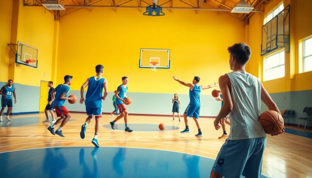 Basketball training programs focusing on youth skill development in dynamic gym setting.