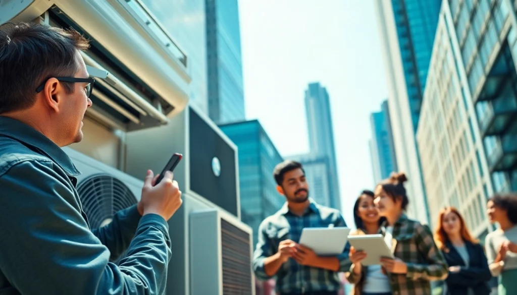 HVAC dealers demonstrating advanced HVAC systems to a family in an urban setting.