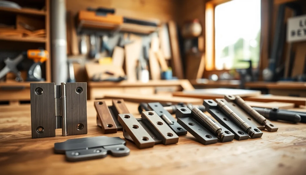 Cabinet Hinge Manufacturers showcasing a variety of high-quality hinges in a workshop setting.