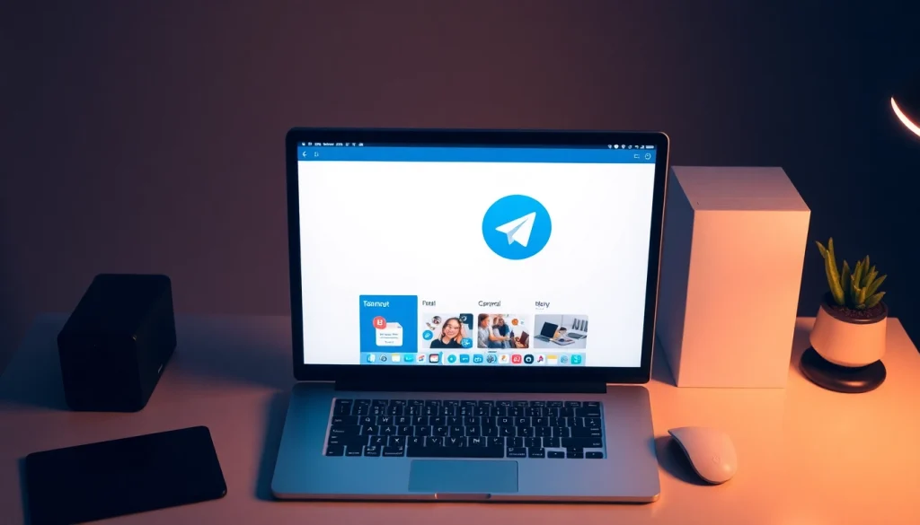 Engaging interface of Telegram電腦版 on a computer screen surrounded by productivity props.