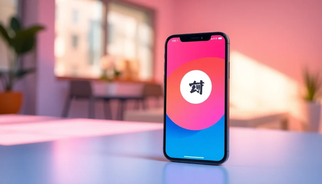 Showcase the 美洽下载 app interface on a smartphone, demonstrating user engagement with a vibrant background.