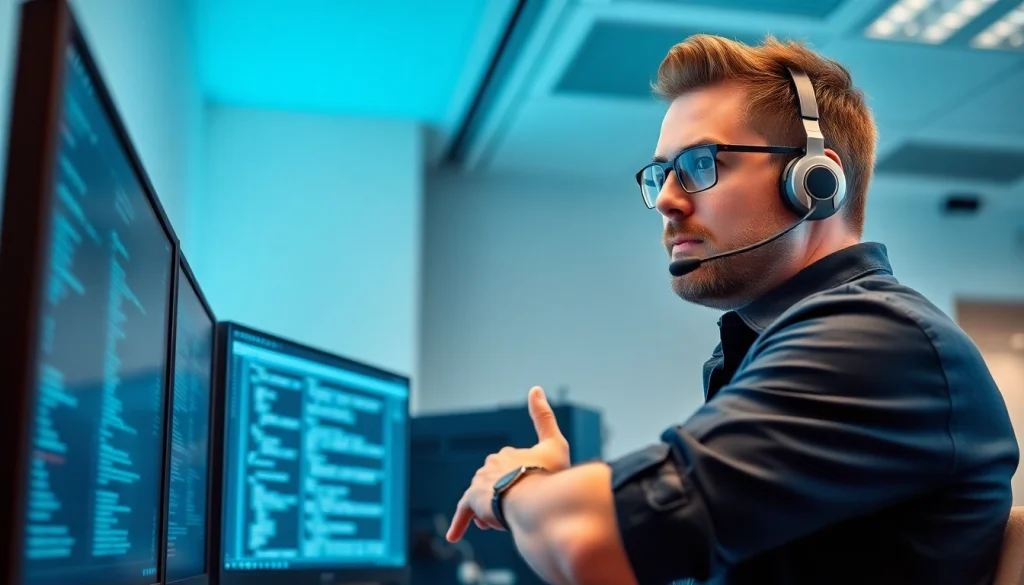 Technician offering edmonton IT support in a modern office, featuring multiple screens and a professional atmosphere.