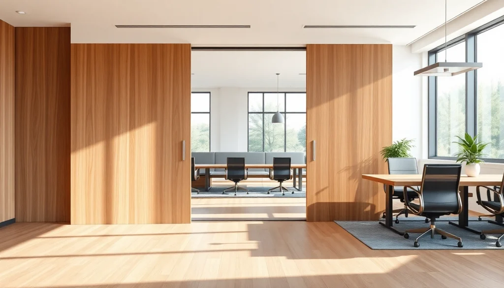 Enhance your workspace with a sliding partition wall that elegantly divides areas.