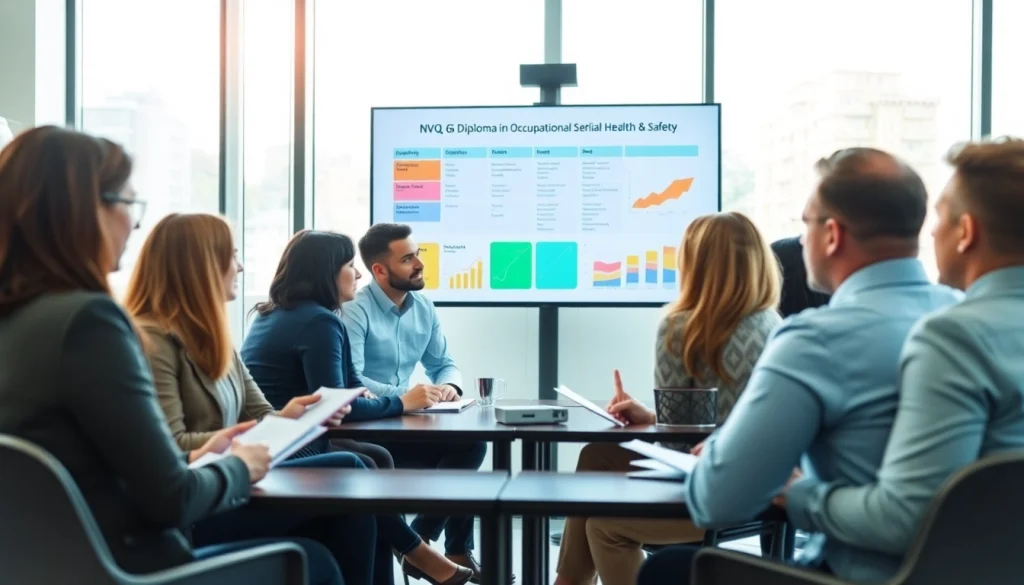 Engaged participants discussing nvq level 6 diploma in occupational health and safety examples in a modern conference room.