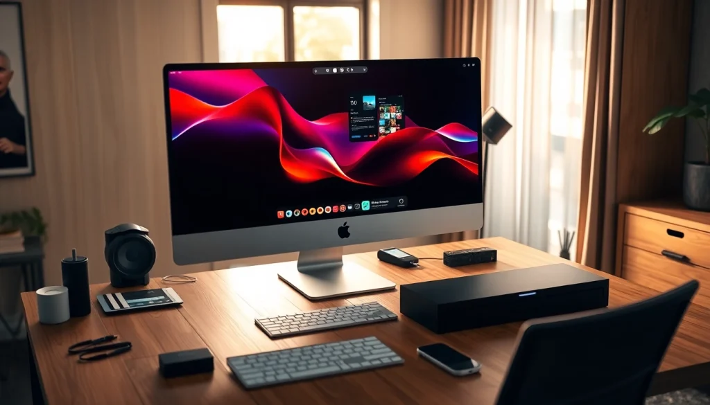Buy Mac Studio Ultra in a modern workspace with dual monitors and creative tools.