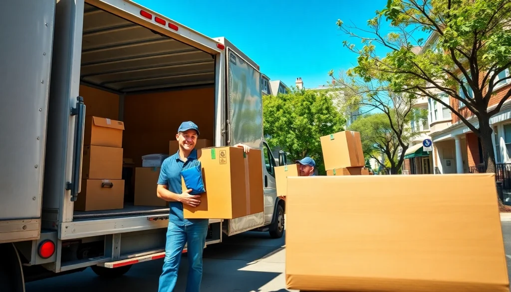 Queens movers efficiently loading a truck in a sunny Queens neighborhood's vibrant atmosphere.