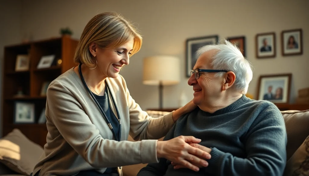 Engaging austin senior home care service with a compassionate caregiver assisting an elderly person.