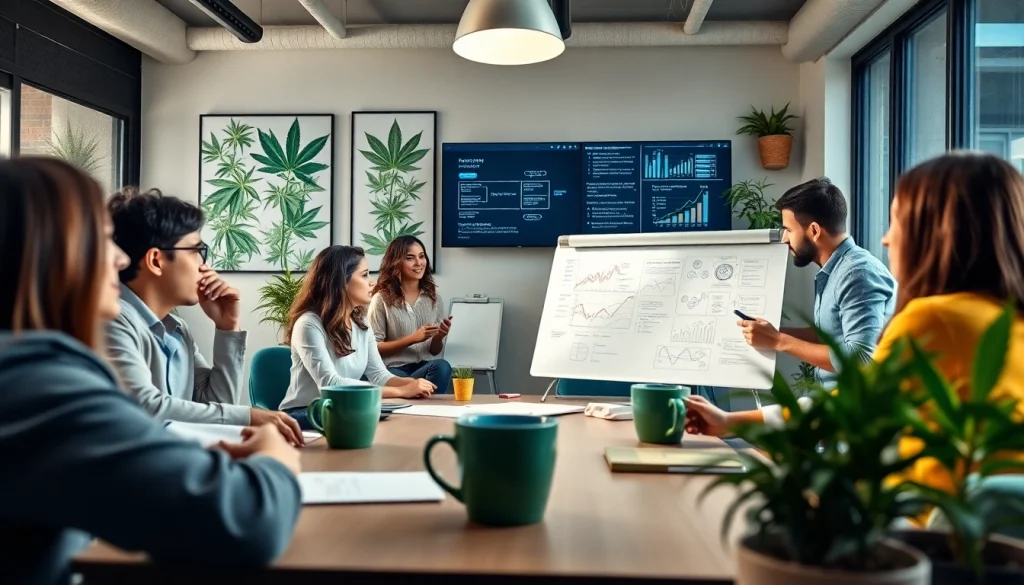 Team brainstorming at a cannabis marketing agency office, showcasing creativity and professionalism.