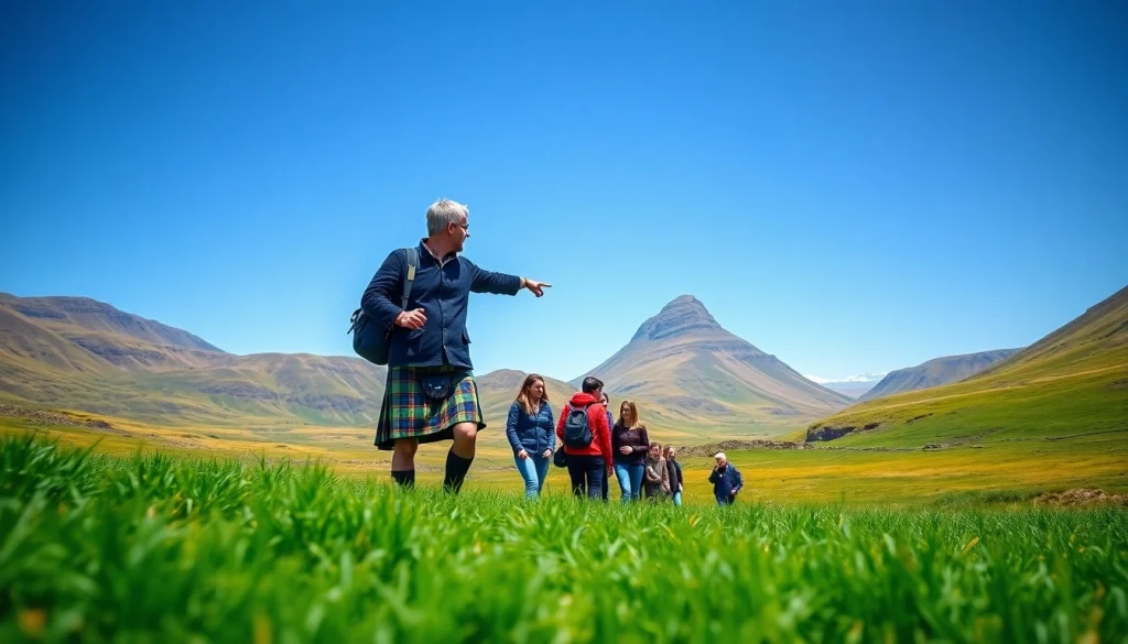 Participants enjoying engaging Scottish tours with a tartan-clad guide in the stunning Highlands.