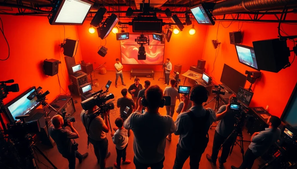 Creative professionals at a 영상업체 working on video production in a dynamic studio setting.