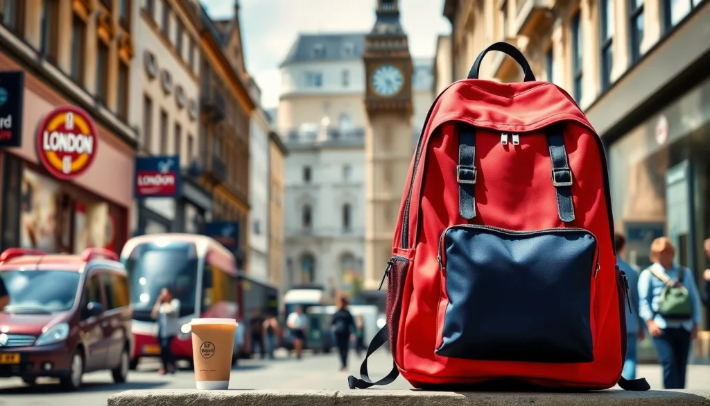 Showcasing a stylish London Backpack brand in a vibrant urban setting