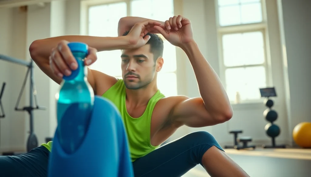 Post-workout stretching routine in a gym setting.