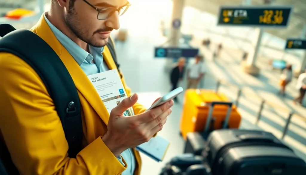 Engaged traveler reviewing the uk eta online application at an airport, surrounded by travel gear.