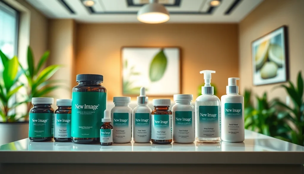 Showcase of health and wellness products from https://newimage.world/ in a professional clinic setting.