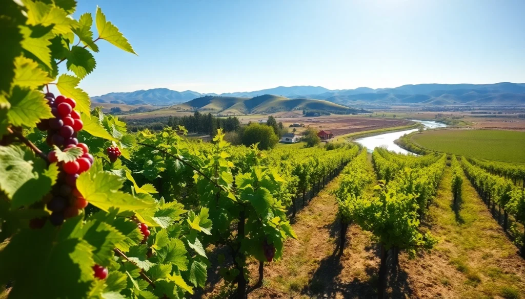 Stunning vineyard landscape in Carksburg ca showcasing lush grapes and serene river views.
