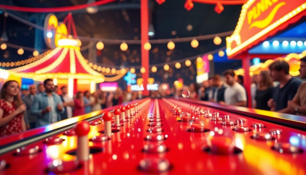 Permainan plinko yang meriah dengan chip menggelinding di papan Plinko.