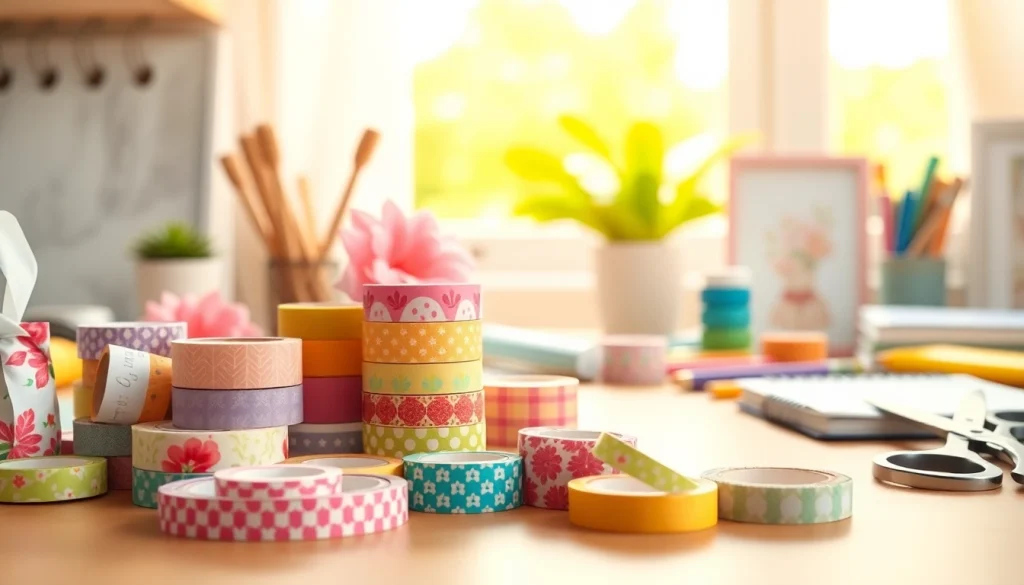 Create vibrant designs with washi tape displayed on a crafting desk full of supplies.