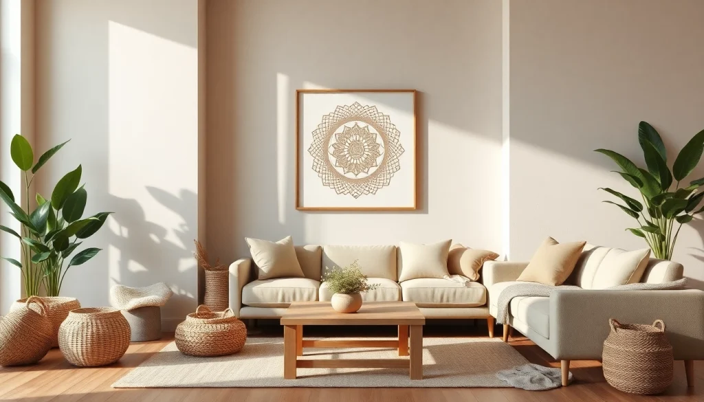 Admire neutral boho artwork framed elegantly in a cozy living room setting.
