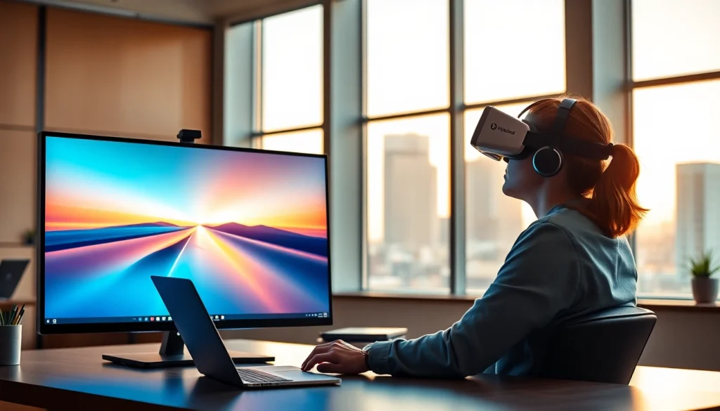 Experience virtual desktop in a modern workspace with VR technology and sleek digital displays.