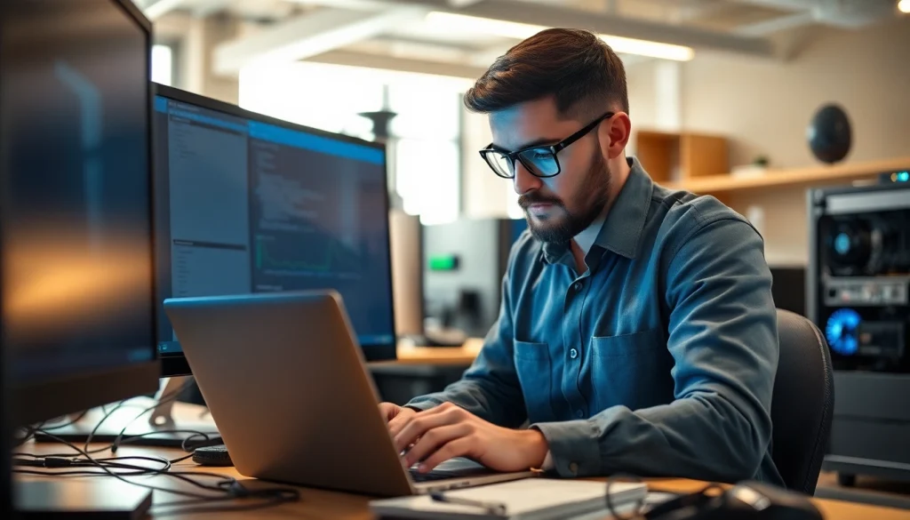 Provide expert computer help through a technician assisting in a modern office environment.