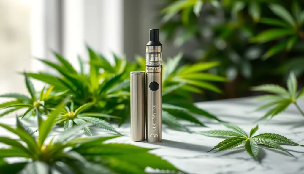 Showcasing a stylish CBD Vape Pen entangled with cannabis leaves for a trendy effect.