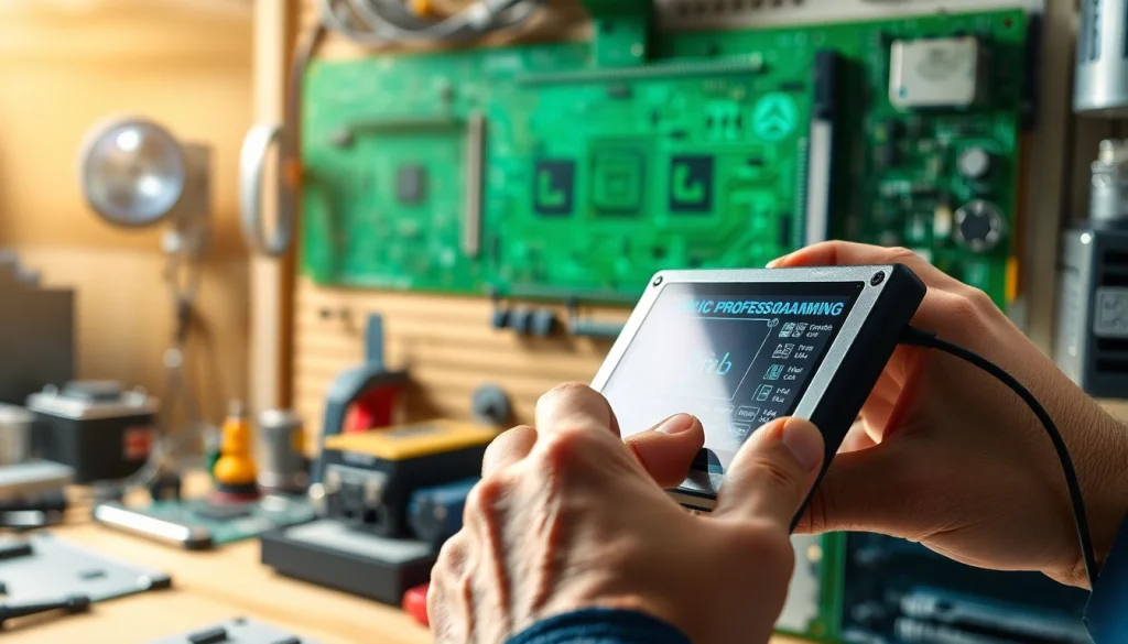 Hands programming integrated circuits in a workshop setting illustrating IC Programming.