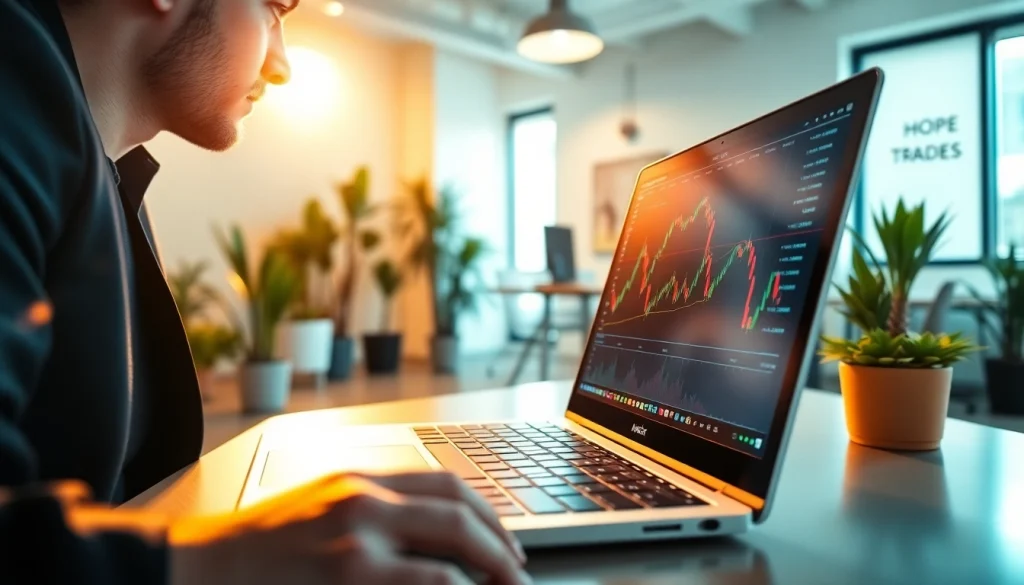 Engaged trader focusing on crypto trading charts in a modern office setting.