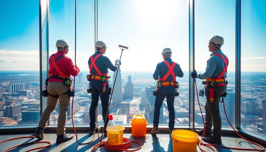 Window cleaners sioux falls effectively cleaning high-rise windows while showcasing professional techniques.