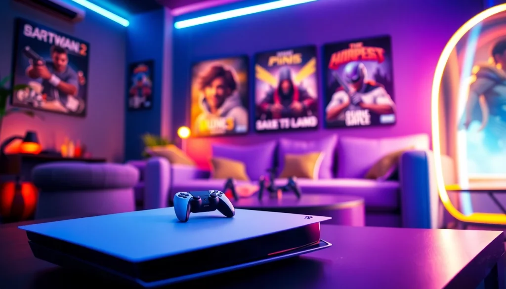 Showcase of PS5 games on a sleek console setup with vibrant colors and energetic atmosphere.