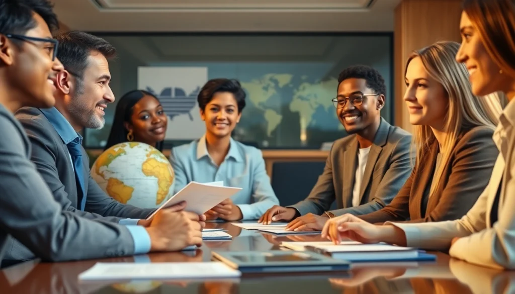 Immigration Consultant assisting clients with immigration paperwork in a professional office.
