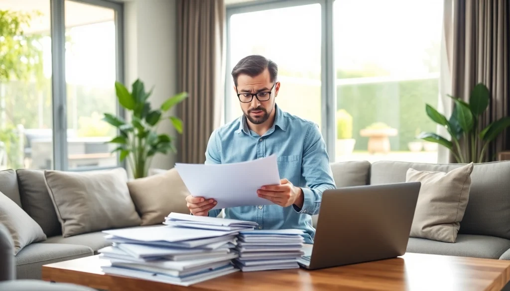 Seller preparing to sell house urgently with paperwork in a cozy living room.