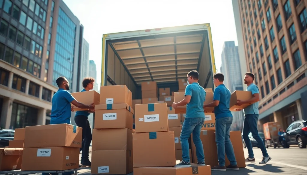 Long-Distance Movers expertly loading boxes onto a truck in a bustling city.
