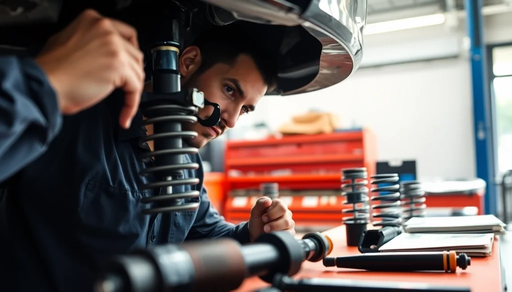 Realizando reparacion suspension en un automóvil en un taller de mecánica bien iluminado y organizado.