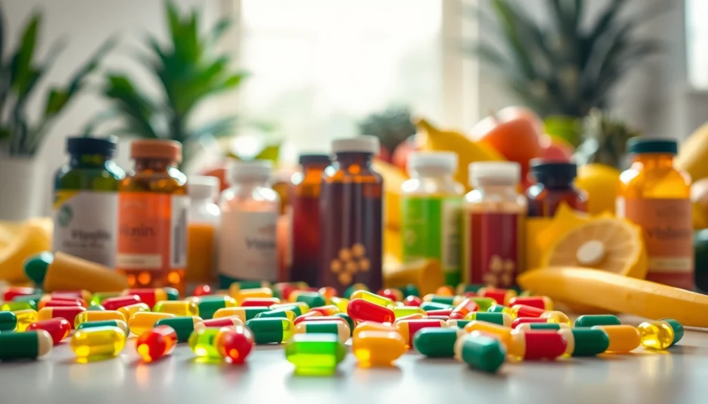 Showcase vitamin boosters alongside fresh fruits and vegetables promoting vitality and health.