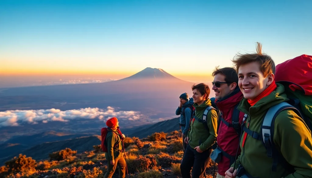Experience Kilimanjaro Trekking with adventurous trekkers against the majestic Mount Kilimanjaro backdrop.