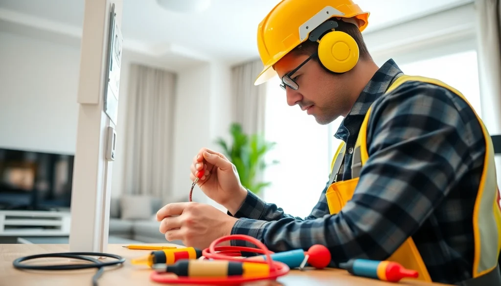 Electrician wiring an outlet in a residential setting, showcasing skill and professionalism.