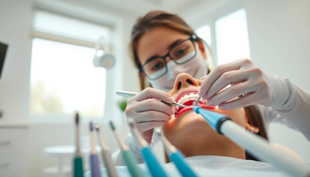 Dental cleanings in progress with a professional hygienist and patient in a bright clinic.