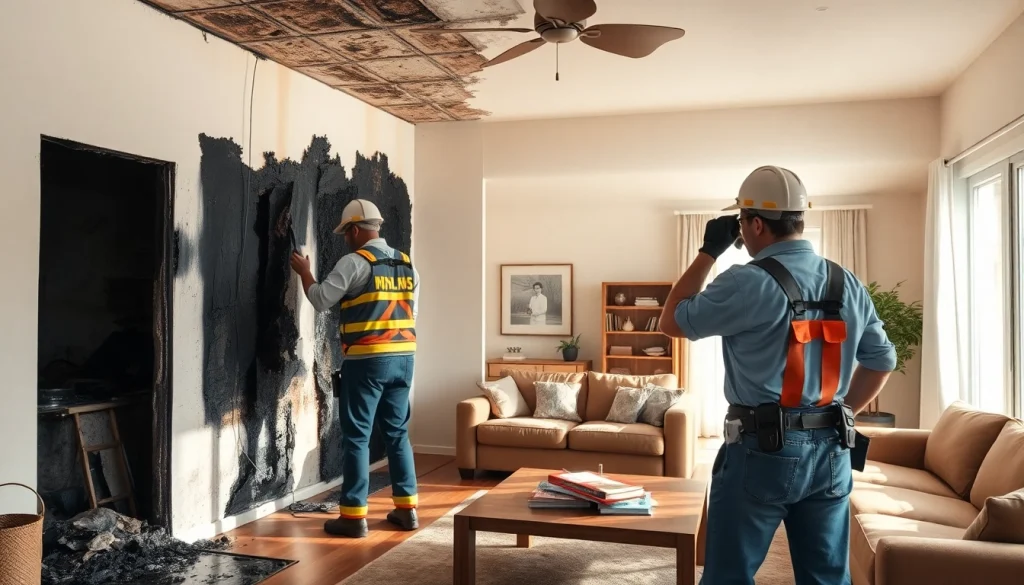 Fire Damage Restoration by a professional team transforming a damaged living room into a safe and clean environment.