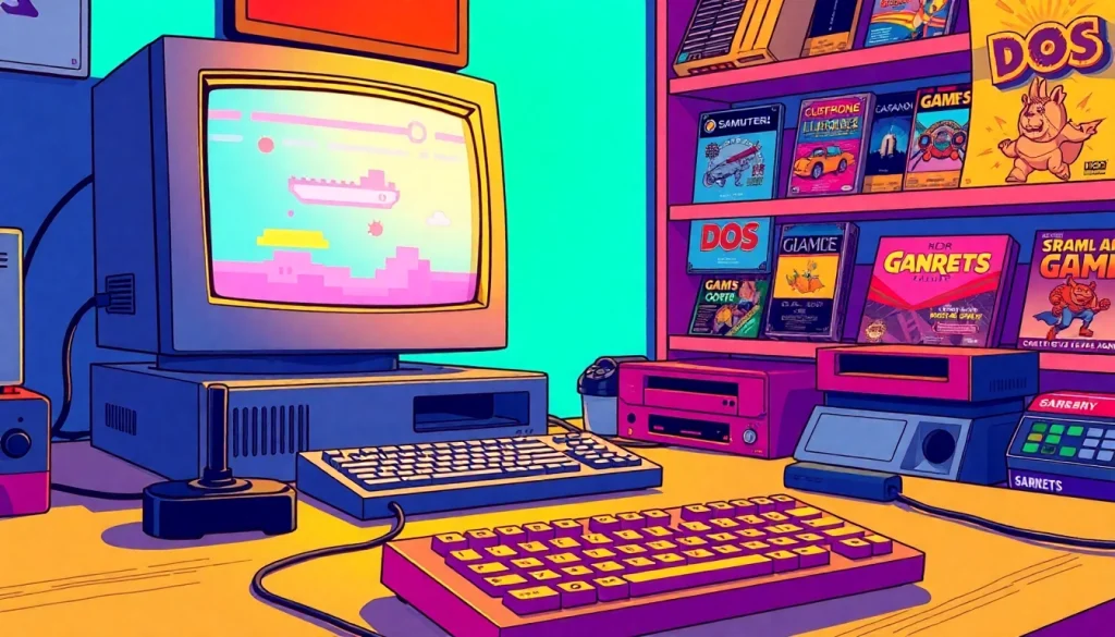 Engaging setup to play DOS games featuring a classic computer setup and joystick.