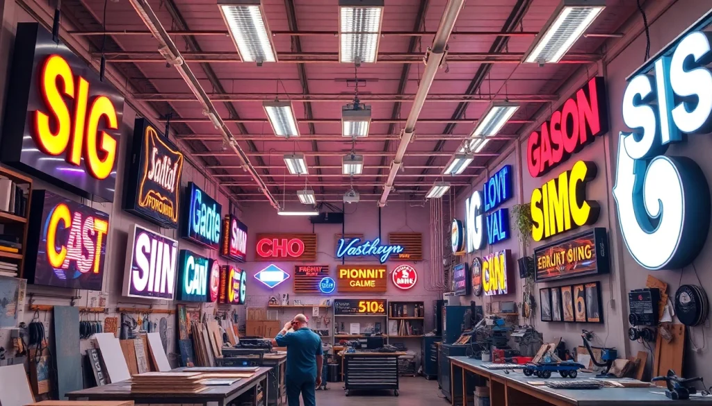 Showcasing sign manufacturing techniques with artisans crafting custom signs in a professional workshop.