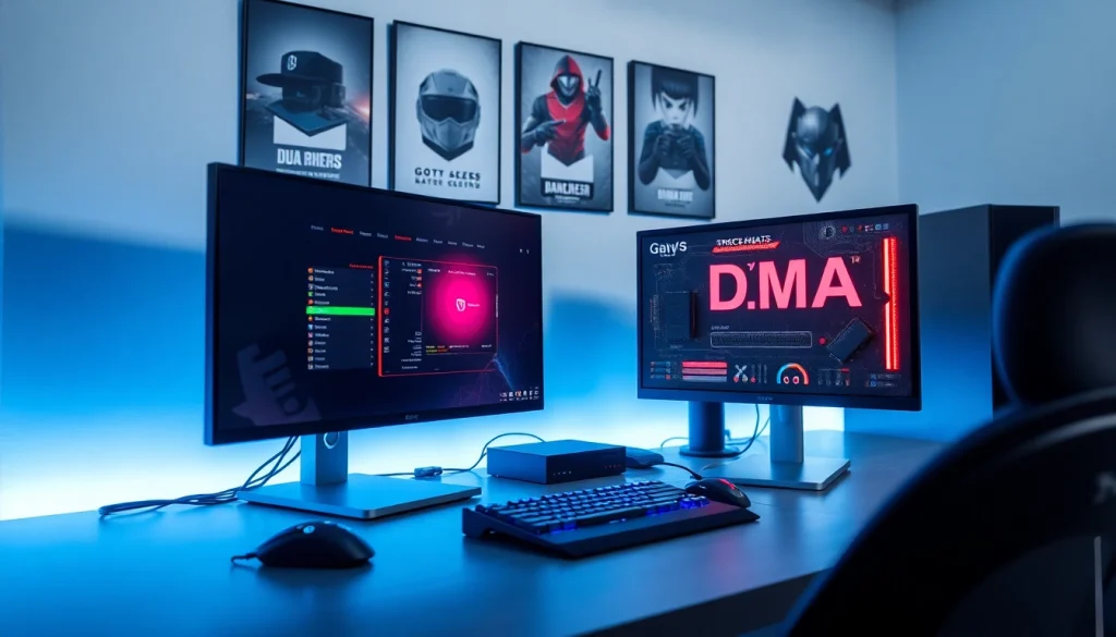 Demonstrating dma cheats hardware in a professional gaming setup with dual-PC configuration.