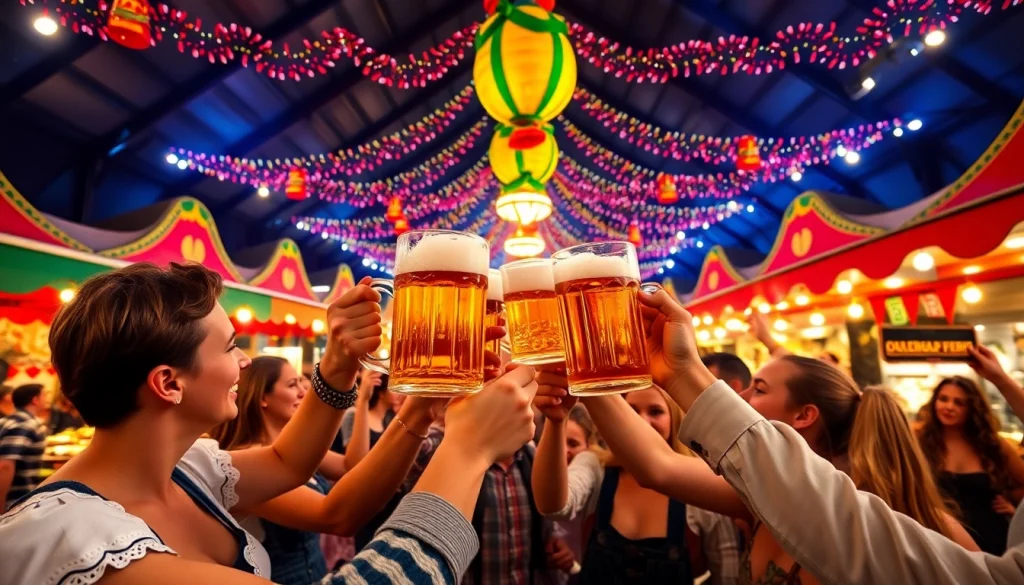 Enjoying the Oktoberfest Munich guide with festival-goers raising beer steins in celebration.
