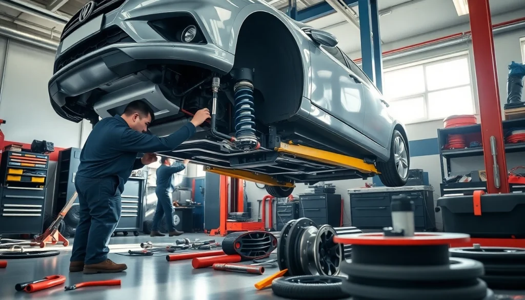 Servicios de reparacion suspension en un taller de autos con técnicos enfocados.