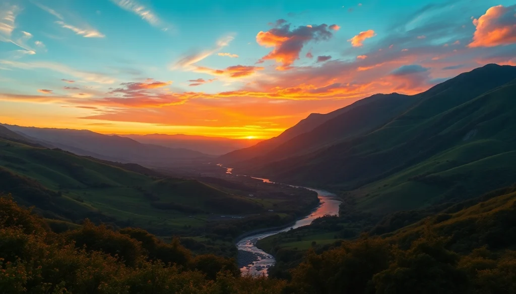 Vibrant landscape paintings showcasing a beautiful sunset over a serene valley and river.