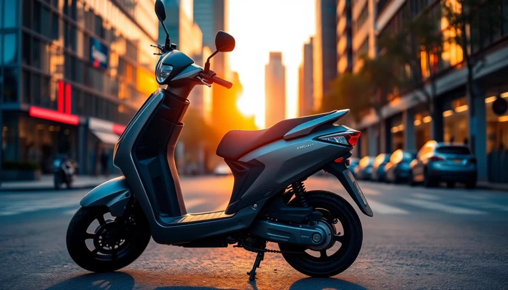 Electric Scooter parked on a city street during sunset, illustrating its sleek design and features.