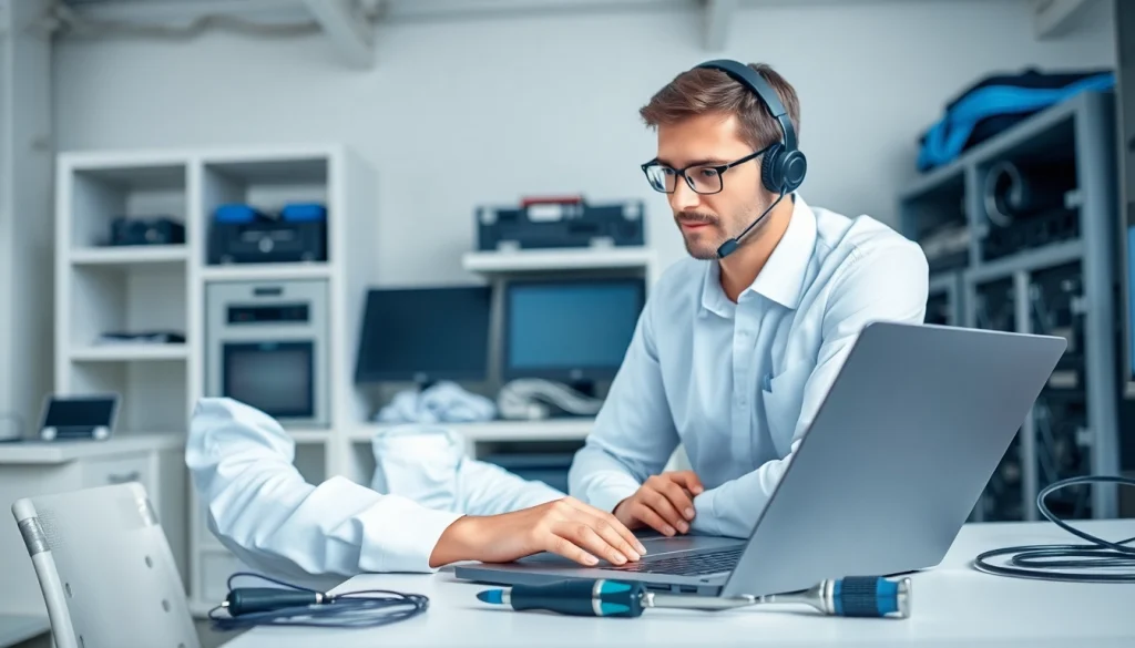 Technician providing efficient computer support and services in a modern workspace setting.