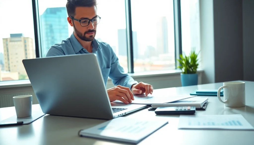 CFO services for small business depicted through a financial analyst at a modern office desk.
