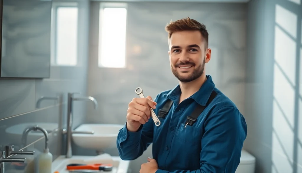 Plumber Sydney performing repairs in a modern bathroom with professional tools.