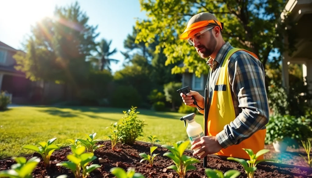 Pest control technician examining a backyard for infestations and ensuring a safe environment.
