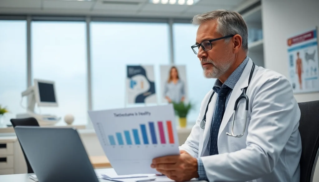 Doctor explaining the benefits of Testosterone Replacement Therapy to a patient in a bright office.